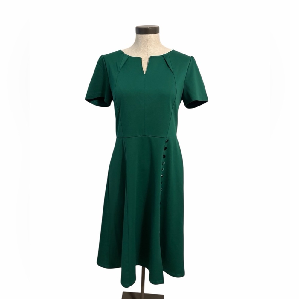 Vfshow Green Retro Style Fit Flare Midi Dress With Velvet Botton Accents Size L
